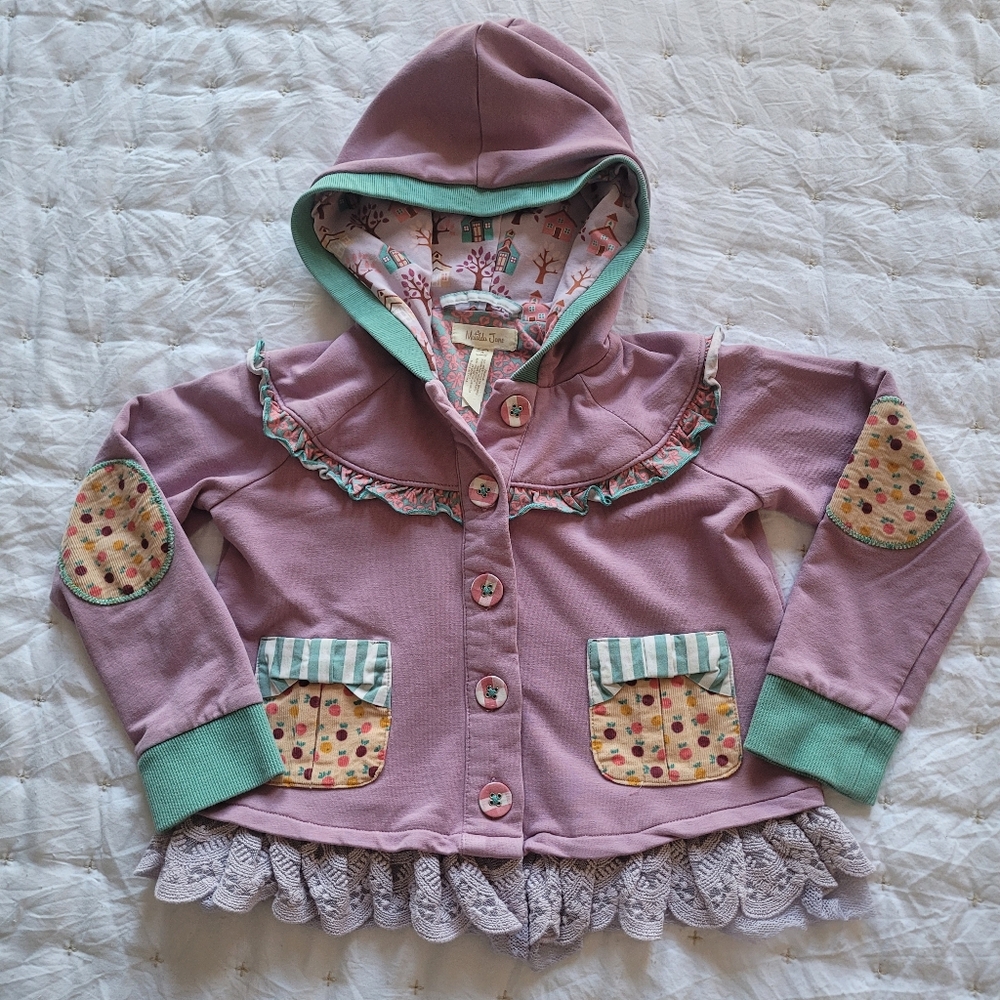 Matilda Jane Royalty hoodie lavender cotton with detailed pattern Pockets Size 4